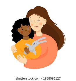 Joven feliz con un bebé adoptado. Retrato de una madre y un niño africano de estilo plano. Familia multirracial. Día de la Madre. Ilustración del vector