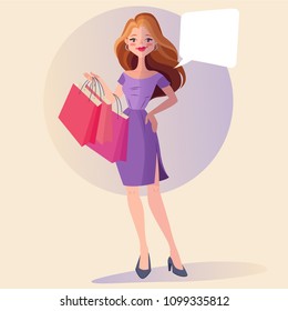 Happy young woman after shopping. Woman in flat design. Cartoon character. Vector illustration.