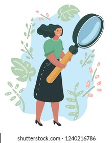 Happy young woman is analysing with big magnifier. Lady holding in her hands giant magnifying glass or loupe and looking far ahead. Vector cartoon illustration in modern concept