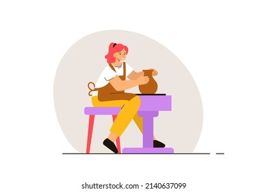 Happy young woman in apron creating pottery on potters wheel in studio. Workshop, creative hobby and art therapy concept. Modern flat vector illustration