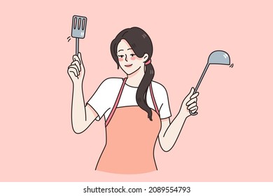 Happy young woman in apron hold domestic utensils cooking dinner or lunch at home. Smiling female cook or chef prepare tasty food or meal. Cuisine, housewife job concept. Vector illustration. 