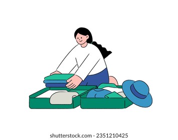 Happy young woman arranging clothes into a suitcase. Minimal cute style character vector illustration with outline