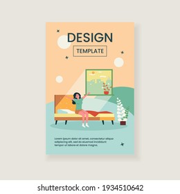 Happy young woman awakening at morning isolated flat vector illustration. Cartoon female character in bed getting up. Comfort, home, guest and bedroom concept