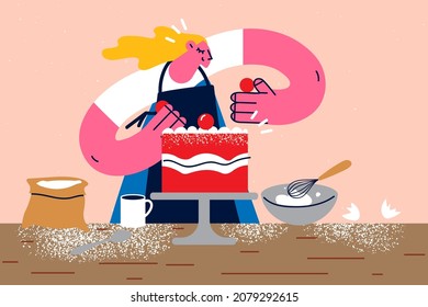 Happy young woman bake decorate cake at home involved in creative hobby process. Smiling girl baker or food blogger have decoration class online. Homemade bakery. Dessert making. Vector illustration. 