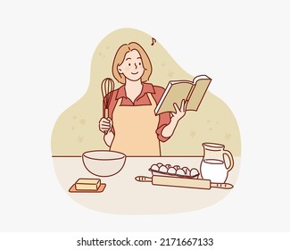 Happy young woman baking pie in loft kitchen at home, using book with recipe. Hand drawn style vector design illustrations.