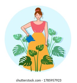 Happy young woman with beautiful monstera in the garden and watering her plants .Concept Hobbies and activities such. Vector illustration.