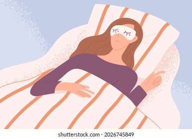 Happy young woman in blindfold eye mask on face sleeping in bed. Deep sweet healthy dream of person lying on comfortable pillow under blanket. Female resting and napping. Flat vector illustration