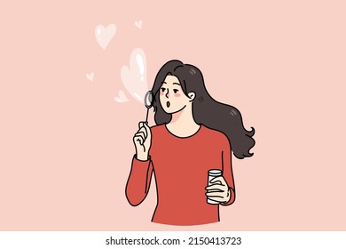 Happy young woman blow soap bubbles with heart shape. Kind girl share spread love and care. Concept of volunteering and charity. Donation and philanthropy. Flat vector illustration. 