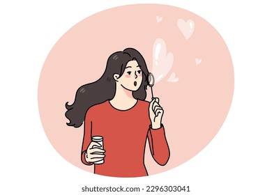 Happy young woman blow soap bubbles with heart shape. Kind girl share spread love and care. Concept of volunteering and charity. Donation and philanthropy. Flat vector illustration.