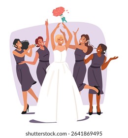 Happy young woman bride wearing wedding dress standing back throwing festive flower bouquet to group of bridesmaids cartoon scene. Marriage ceremony traditional ritual event vector illustration