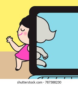 Happy Young Woman In Bright Side Running Away From Her Grey Side In Laptop On Office Desk Concept Card Character illustration