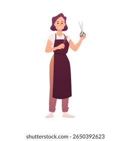 Mulher jovem feliz em avental marrom segurando tesoura e pente, cabeleireiro. Profissão. Estilista de salão de beleza. Ilustração plana vetorial. Estilo de desenho animado. Plano de fundo isolado. Caractere de comprimento completo.