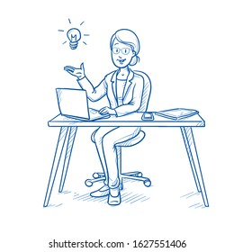 Happy young woman in busines suit sitting at her desk, holding a hand up for presenting an idea or solution (with icon for idea) . Hand drawn blue line art cartoon vector illustration.