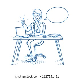 Happy young woman in busines suit showing thumb up at her desk with speech bubble. Concept for good work, best sollution, recommendation. Hand drawn blue line art cartoon vector illustration