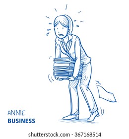 Happy young woman in business clothes carrying a heavy pile of documents. Hand drawn line art cartoon vector illustration.