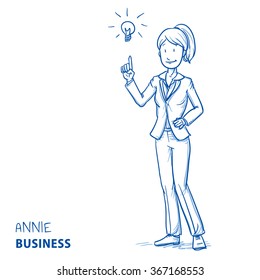 Happy young woman in business clothes pointing upwards to light bulb, concept for idea. Hand drawn line art cartoon vector illustration.