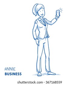 Happy young woman in business clothes taking a photo with her mobile phone. Hand drawn line art cartoon vector illustration.