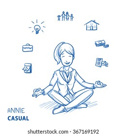 Happy young woman in business clothes sitting in yoga pose with icons of easily organizing life, business and family around her. Hand drawn line art cartoon vector illustration.