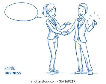 Happy Young Woman In Business Clothes Explaining Something And Shaking Hands With A Young Man Showing Thumb Up. Hand Drawn Line Art Cartoon Vector Illustration.