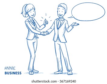 Happy young woman in business clothes showing thumb up and shaking hands with a young man. Hand drawn line art cartoon vector illustration.