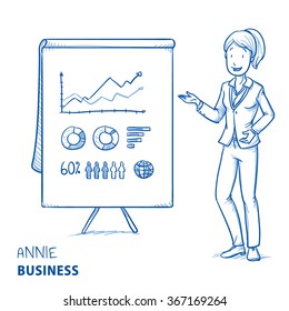 Happy young woman in business clothes holding hand as if explaining or presenting something (e.g product). Hand drawn line art cartoon vector illustration.