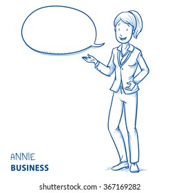 Happy young woman in business clothes talking and explaining something with speech bubble. Hand drawn line art cartoon vector illustration.