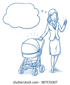 Happy young woman in business clothes with baby in a stroller and mobile phone. Hand drawn line art cartoon vector illustration.