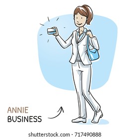 Happy young woman in business clothes with handbag and shopping or credit card. Hand drawn cartoon sketch vector illustration, whiteboard marker style coloring.
