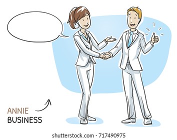 Happy young woman in business clothes explaining something and shaking hands with a young man showing thumb up. Hand drawn cartoon sketch vector illustration, whiteboard marker style coloring.

