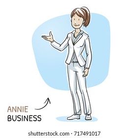 Happy young woman in business clothes holding hand as if explaining or presenting something (e.g product). Hand drawn cartoon sketch vector illustration, whiteboard marker style coloring.
