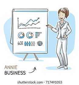 Happy young woman in business clothes holding hand as if explaining or presenting something (e.g product). Hand drawn cartoon sketch vector illustration, whiteboard marker style coloring.
