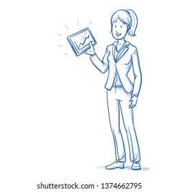 Happy young woman in business suit with tablet and charts in her hand. Hand drawn line art cartoon vector illustration.