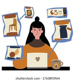 Happy young woman buy things online. Loking for a good deal.Social media influence and addiction. Vector illustration in flat cartoon style.