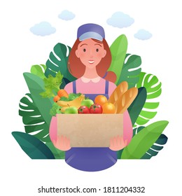 Happy young woman carrying grocery items work at farmers market flat cartoon isolated on white background. Family business and agriculture concept vector illustration