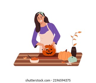 Happy young woman carving pumpkin lantern. Smiling girl in apron preparing for Halloween party celebration. Flat vector illustration isolated on white background