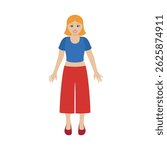 Happy young woman in casual clothes and blond hair vector illustration. Cheerful woman in blue tank top and red wide trousers icon. Smiling blonde girl standing front view cartoon