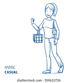 Happy young woman in casual clothes ready for shopping with shopping basket and handbag. Hand drawn line art cartoon vector illustration.