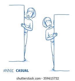 Happy young woman in casual clothes peering behind a wall in two emotions. Hand drawn line art cartoon vector illustration.