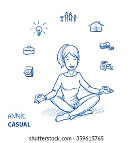 Happy young woman in casual clothes sitting in yoga pose with icons of easily organizing life, business and family around her. Hand drawn line art cartoon vector illustration.