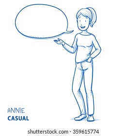 Happy young woman in casual clothes talking and explaining something with speech bubble. Hand drawn line art cartoon vector illustration.