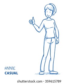 Happy young woman in casual clothes showing thumb up. Hand drawn line art cartoon vector illustration.