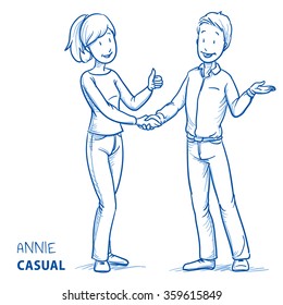 Happy young woman in casual clothes showing thumb up and shaking hands with a young man. Hand drawn line art cartoon vector illustration.