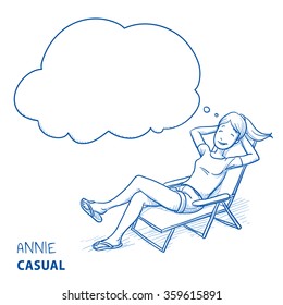 Happy young woman in casual clothes relaxing in a deck chair with thought bubble. Hand drawn line art cartoon vector illustration.