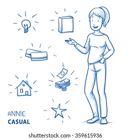 Mulher jovem feliz em roupas casuais segurando a mão para apresentar algo (com ícones para embalagem de produtos, casa, idéia, cartão, dinheiro, estrela). Desenho à mão desenho desenho desenho animado ilustração vetorial.