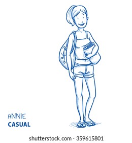Happy young woman in casual summer clothes carrying a bag and a towel. Hand drawn line art cartoon vector illustration.