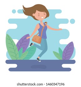 happy young woman celebrating jumping in the field