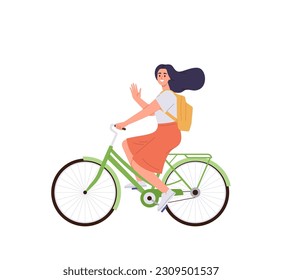 Happy young woman character riding bicycle travelling by eco friendly transport on weekend