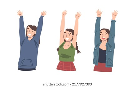 Happy Young Woman Character with Their Hands Raised Up Vector Set