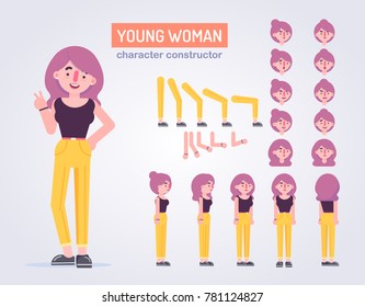 Happy young woman character with various views, face emotions, poses . Front, side, back view animated character. Vector clip art