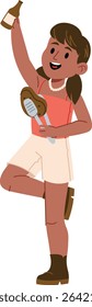A happy young woman, in a cheerful pose, holds a bottle and meat with tongs.  A girl enjoys a celebratory meal, lifting a beverage in a lighthearted fashion. Cartoon vector illustration